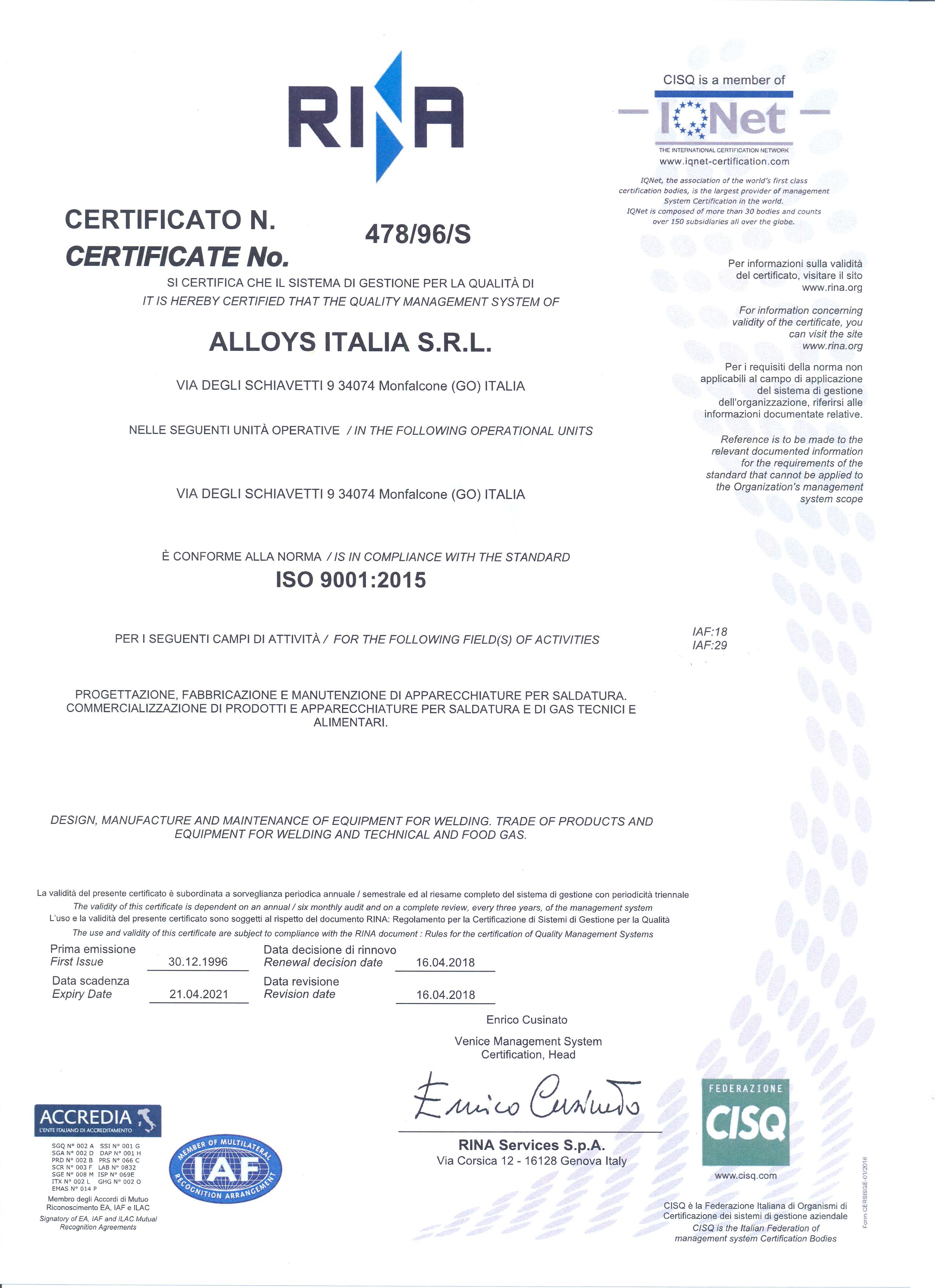 certificato iso9001 2015